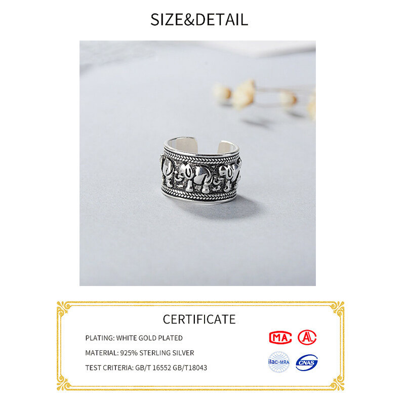 Vintage Animal Elefante Anéis Abertos para Mulheres, prata esterlina 925, jóias de prata tailandesa, anéis ajustáveis, presente da moda