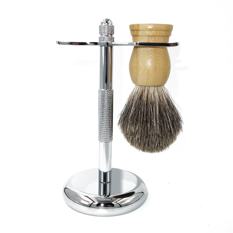 IRAZOR Mens Shaving Tool Kit 스탠드 마하 3 더블 에지 안전 대나무 손잡이가있는 스트레이트 면도기 홀더 Pure Badger Hair Brush