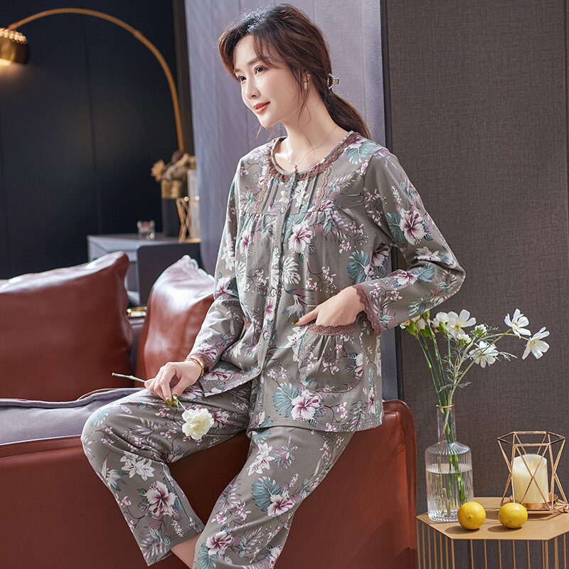Conjunto de pijama de algodón de M-XXXL para mujer, ropa de dormir informal de manga larga con estampado Floral, para otoño