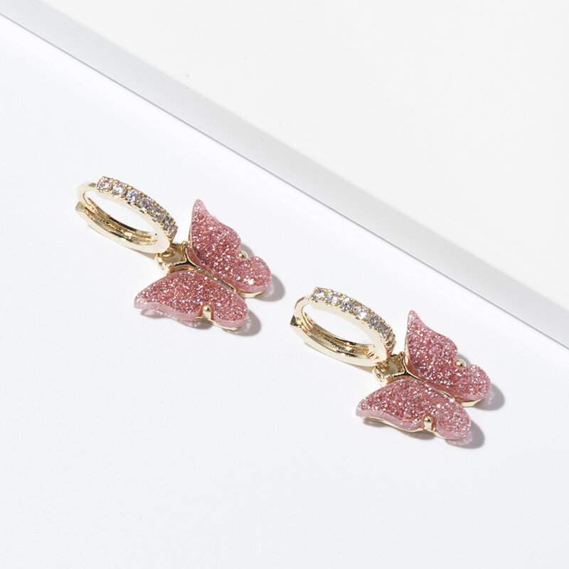 Pendientes de gota de oro para mujer aro de circonia cúbica, joyería de fiesta de mariposa Gliter colorida accesorios de moda