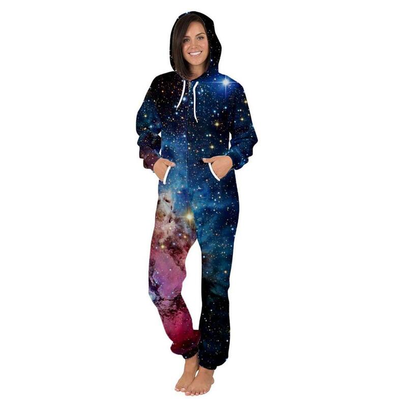 Women's Galaxry Sleepwear Jumpsuit Clothing Unisex Adult Printed Hoodied Onesie Romper Couples Plus Size Long Sleeve Overalls