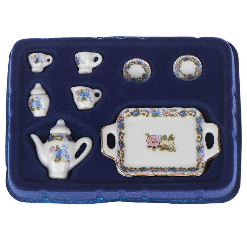 Conjunto de acessórios para casa de bonecas, 6/peças, miniatura, porcelana, conjunto de chá, copo, prato, branco, roxo, padrão de flor