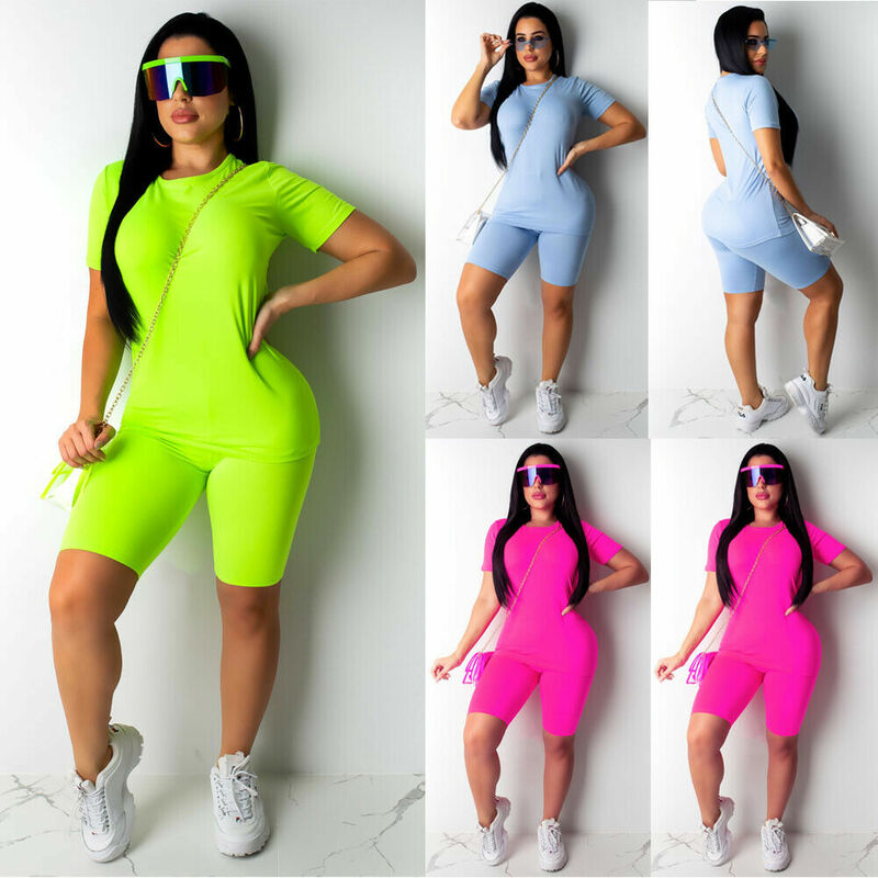 Hirigin 2 sztuk/zestaw kobiety strój sportowy Neon Top krótkie spodnie ubrania do ćwiczeń dres moda strój na lato panie Casual 2 sztuk zestaw