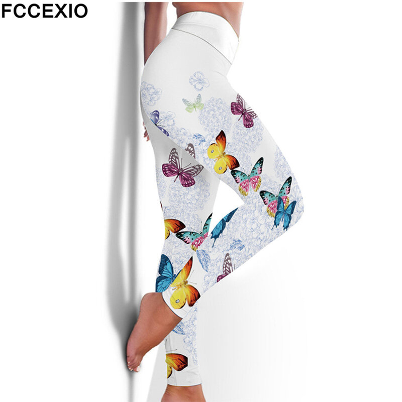 Спортивные эластичные леггинсы FCCEXIO с завышенной талией, 6 цветов, сексуальные леггинсы с 3D-принтом бабочки, повседневные спортивные штаны для тренировок
