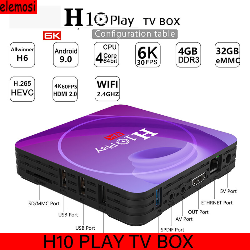 H10 PLAY Set Top Box ALLwinnerH6 TV BOX 6K Android 9.0 TV Box Smart TV BOX  Wifi BT4.0 1000m 8k Google Media Player HDMI 2.0a