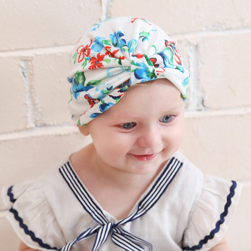 Nowe czapki dla dzieci Turban maluch Kid indie druk kwiat wiązane słodkie kulki piękny głowy kapelusz chłopiec dziewczyna odpinany nieformalna czapka nakrycia głowy