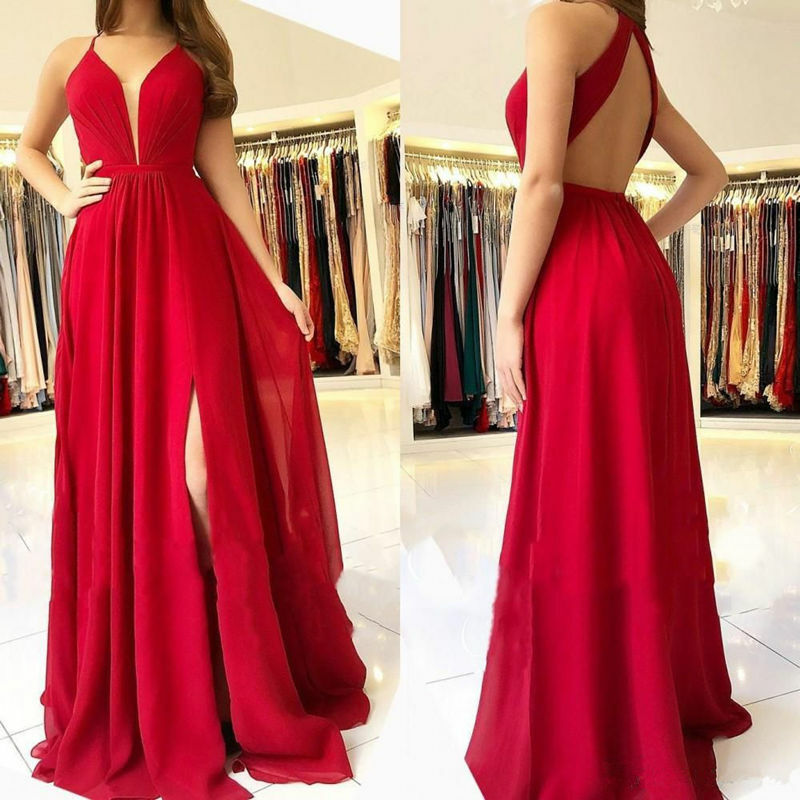 Sexy Red A Line Abendkleider Lange Hohe Split Backless Chiffon Abendkleid 2021 Günstige Brautjungfer Kleid Frauen Party Kleider