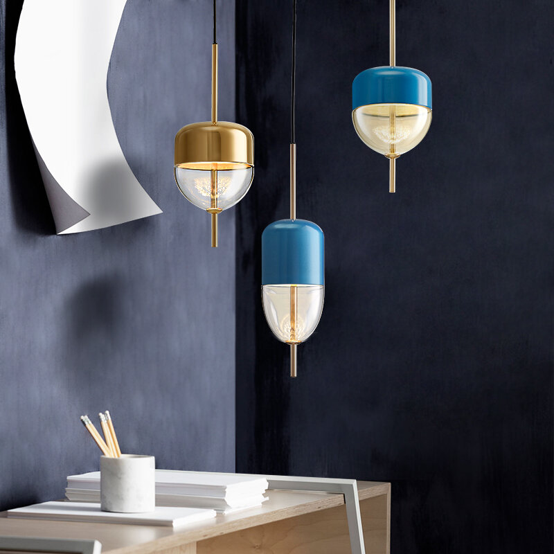 Lampe LED suspendue en verre bleu en forme de goutte d'eau, design nordique moderne, luminaire décoratif d'intérieur, idéal pour un salon, un restaurant ou une cuisine