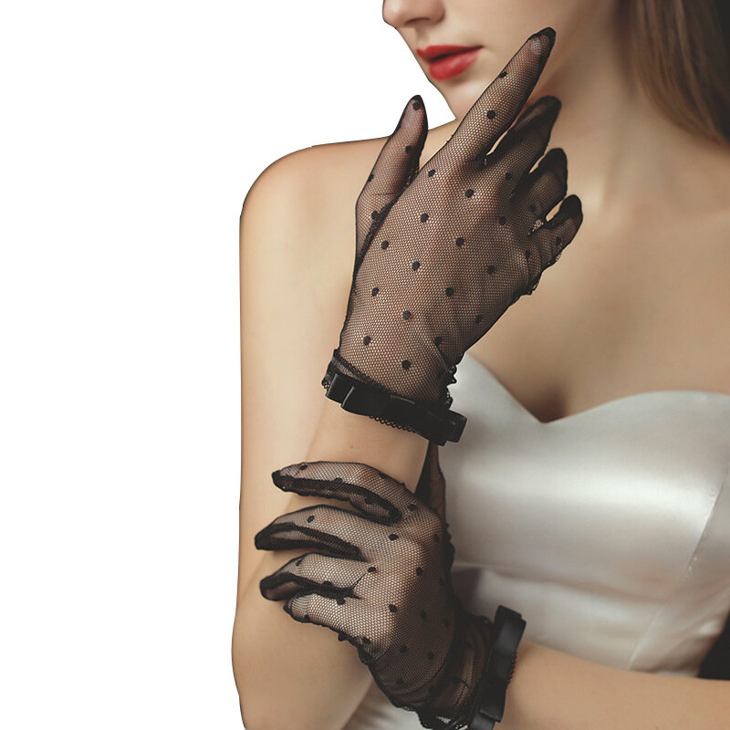 EtiAdvantages-Gants en maille pour femmes, tulle à pois transparents, résille, nœud papillon, doigts complets, mitaines élastiques, gants de patients de mariage