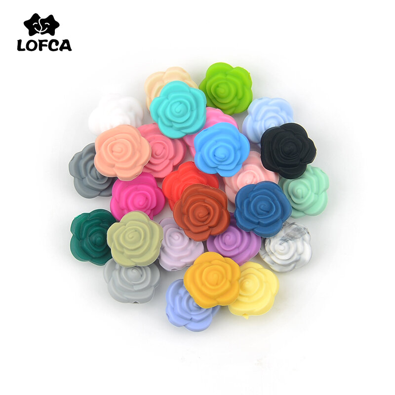LOFCA 20pcs Double Face Silicone Flower Beads Rose Teething Charm Teether Baby Chewing HOT sale Necklace Soft Chewable Gift Toy
