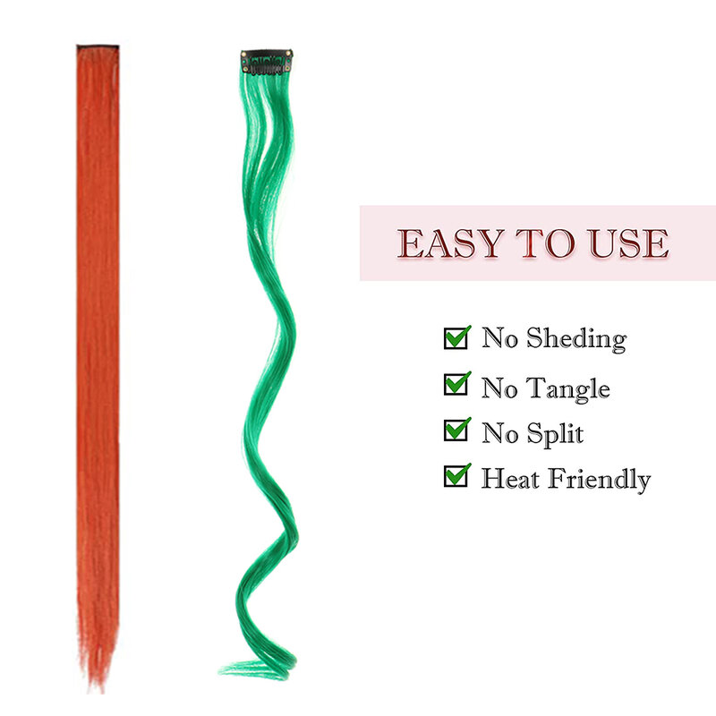 Extensiones de Cabello sintético largo con Clips para mujer, extensiones de cabello liso resistente al calor, Color puro, Color rojo y verde