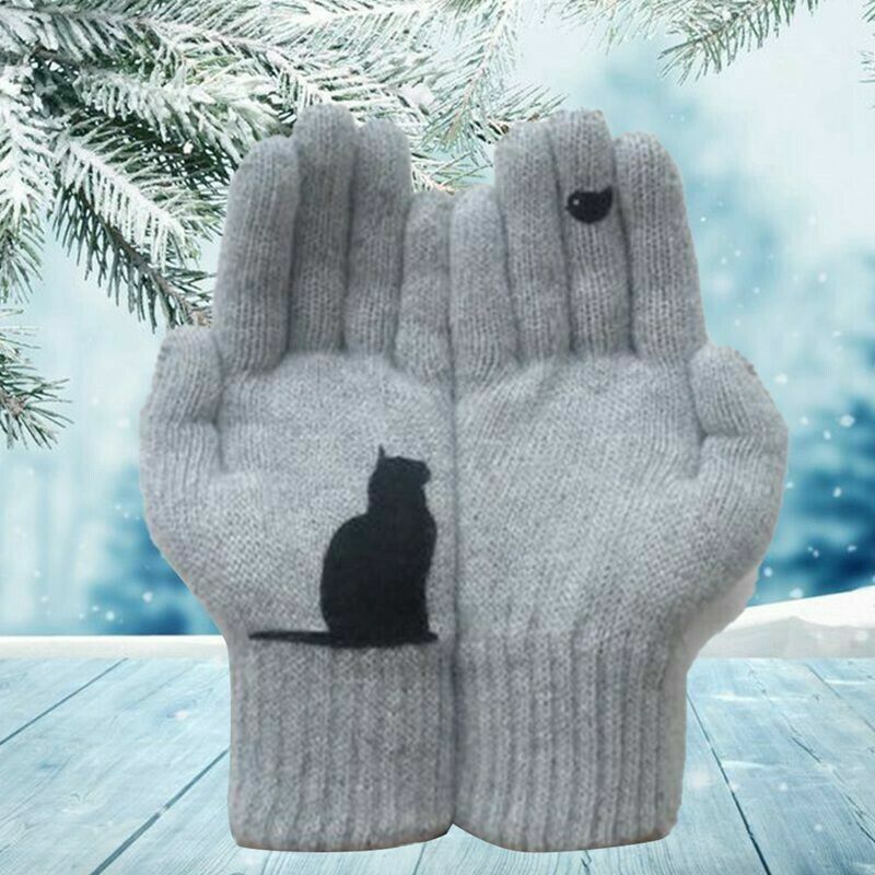 Зимние варежки, трикотажные перчатки для мужчин и женщин, термоперчатки с принтом в виде милого кота и птицы для подростков, ветрозащитные искусственные мягкие перчатки, новинка 2023