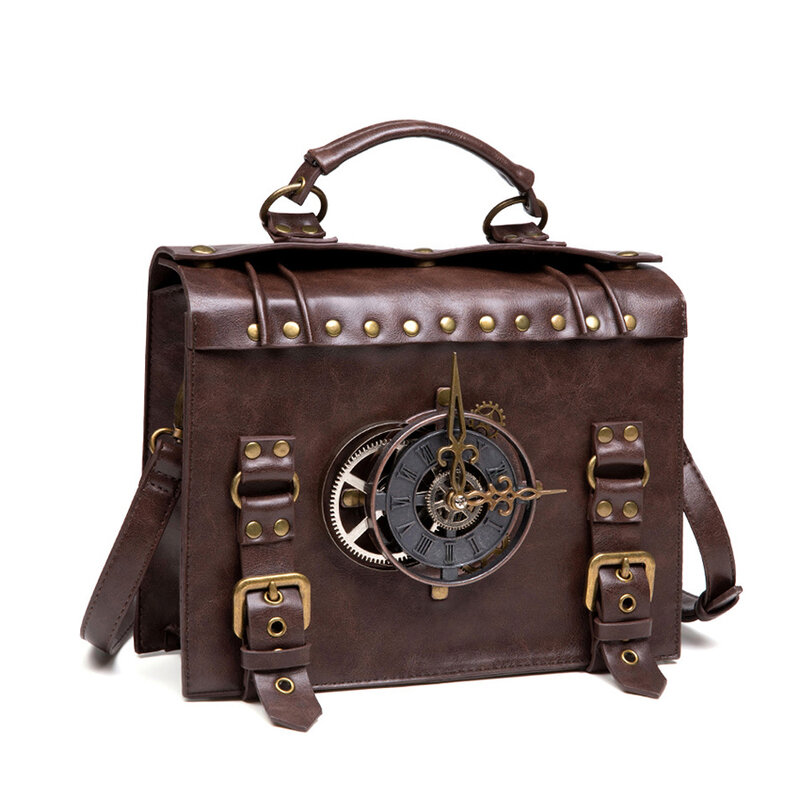 Teczka Steampunk dla kobiet w stylu Vintage torebka z zegarem na ramię portfel PU skórzana kwadratowa torba Crossbody walizka