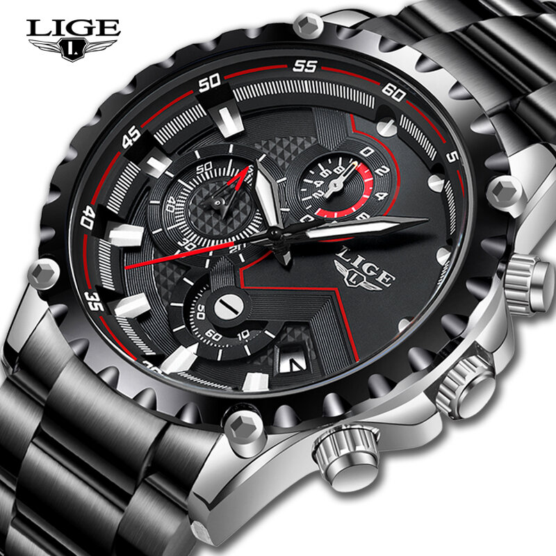 LIGE-Relógio Quartzo Impermeável Masculino, Todo Aço, Exército, Militar, Esporte, Luxo, Moda, Top Brand
