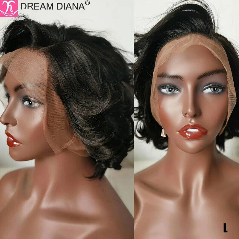 DreamDianan-Perucas onduladas da Malásia, peruca dianteira do laço encaracolado, peruca curta Pixie Cut, peruca onda de água, cabelo humano, Ombre, 13x4