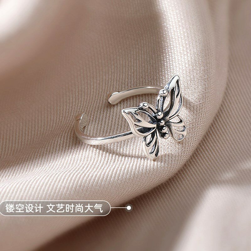 Anillo ajustable vintage de mariposa geométrica para mujer, Plata de Ley 925 auténtica, joyería fina minimalista para mujer, regalo de fiesta