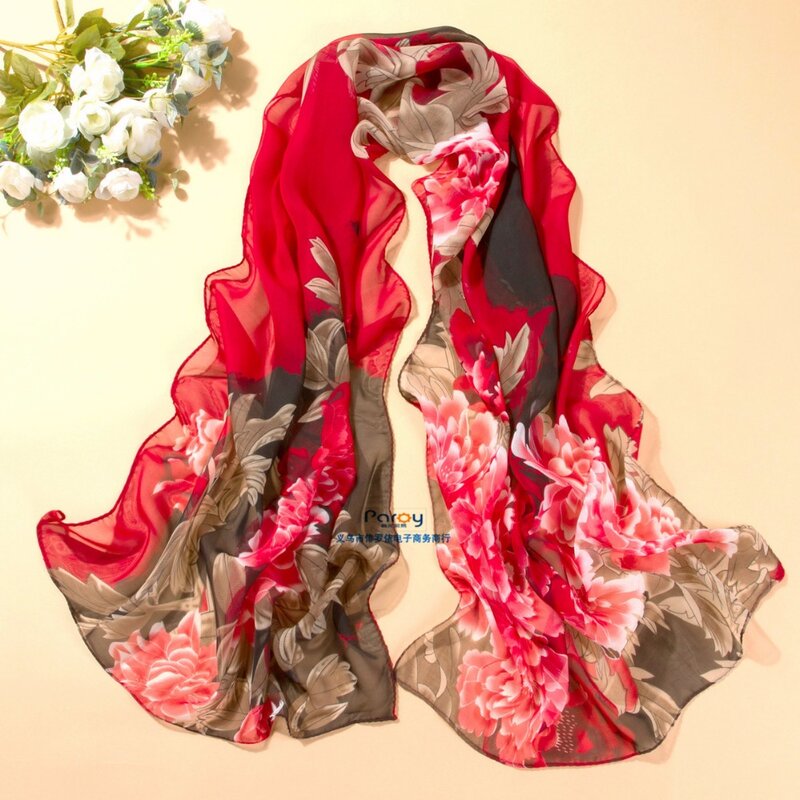 Nova chegada primavera e outono chiffon feminino cachecol impressão padrão geométrico design longo macio seda xale