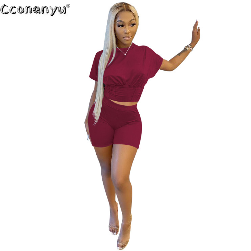 Women Two Piece Sets Casual Solid Color Fashion Tracksuit Crop Top And Shorts Matching Set Sporty