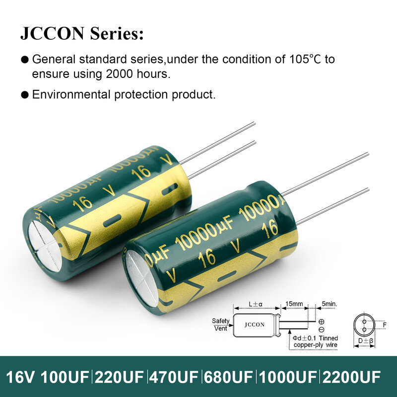 JCCON-Capacitor eletrolítico de alumínio, alta freqüência, baixo ESR, 16V, 100UF, 220UF, 470UF, 680UF, 1000UF, 1500UF, 2200UF, 3300UF, 10000UF