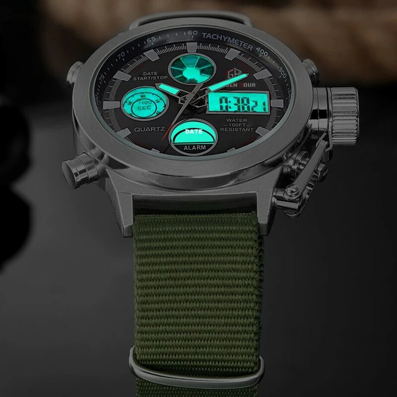 Jam tangan Analog pria, arloji tali nilon Digital olahraga militer anti air kronograf LED sebagai jam tangan