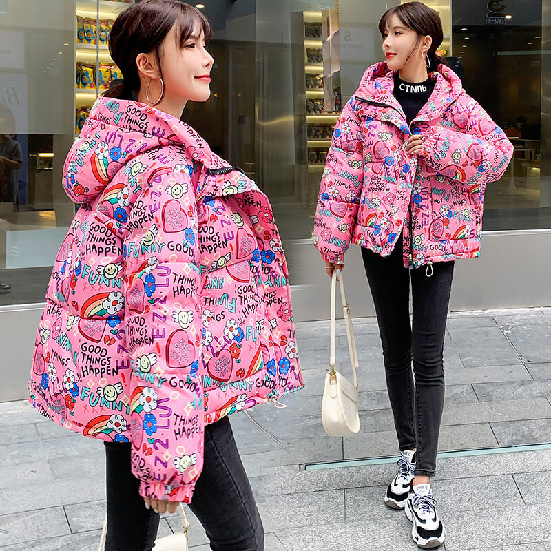 2022 New European Style Camouflage Graffiti Printing Short Bread Thick Coat Women's Jacket Down Cotton Jacket