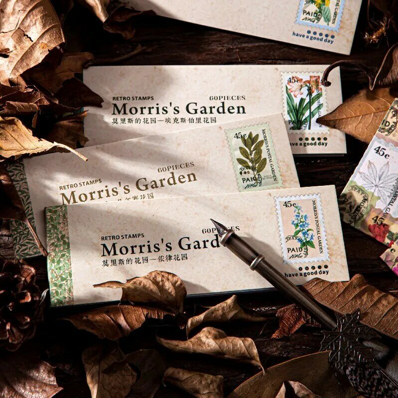 Sello decorativo de Morris's Garden, pegatinas de álbum de recortes DIY, etiqueta de palo, diario, papelería, álbum, diario, pegatina de flores, 60 unids/paquete
