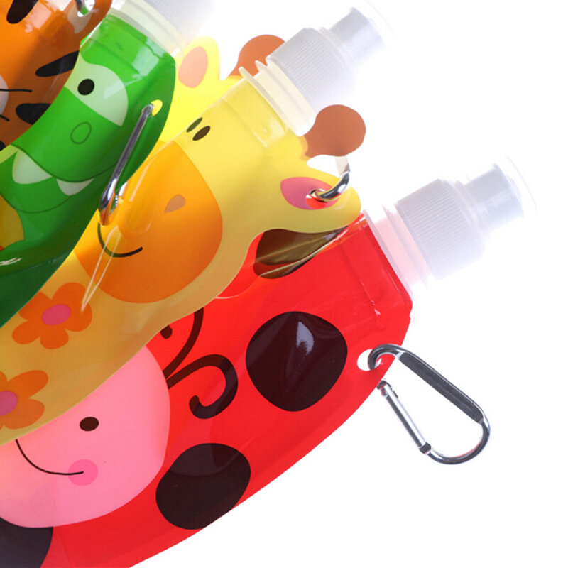Botella de agua plegable para niños, recipiente de viaje con bolsa de agua de dibujos animados, ecológico, seguro, platos de alimentación sólidos para bebés, 360ml
