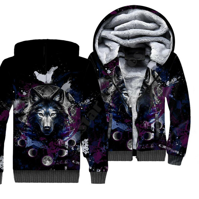 3D impresso velo zíper hoodies para homens e mulheres, lobo, jaqueta dupla plus veludo, trajes cosplay, quente, inverno, 01