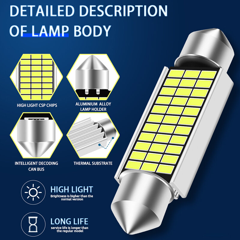 Festoon หลอดไฟ LED ความสว่างสูง31มม. 36มม. 39มม. 41มม. C10W C5W ไฟส่องสว่างในรถยนต์โคมไฟโดมอ่านหนังสือภายในรถยนต์