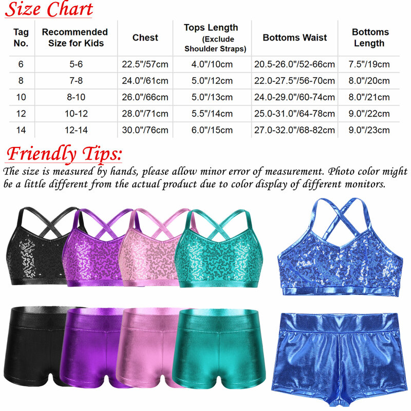 Kids Girls Sequin Dance Outfit for Jazz Hip Hop Dancing Stage Performance Sleeveless Crop Top with Shorts Tankini Dancewear Set