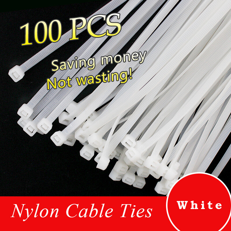 Plástico branco auto-bloqueio nylon braçadeiras, 100 pcs/bag