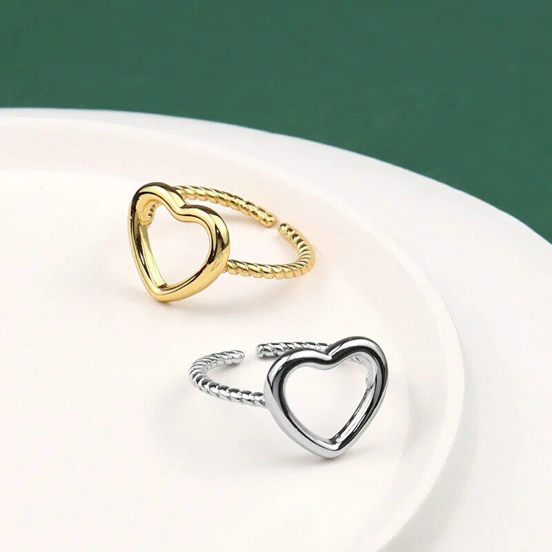 925เงินสเตอร์ลิงแหวนเงินผู้หญิง Heart Shape Gold สี Vintage เครื่องประดับอินเทรนด์ขนาดใหญ่ปรับโบราณแหวน Anillos