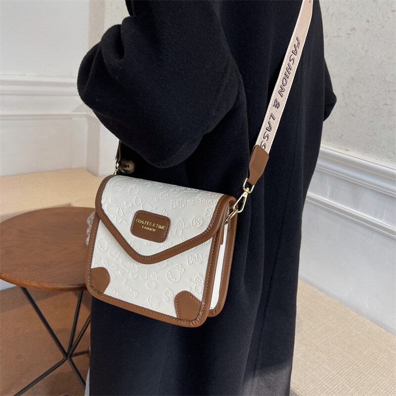 Bolso de hombro con solapa de lujo para mujer, bandolera con estampado de letras, informal, con correa ancha, cuadrado, de diseñador