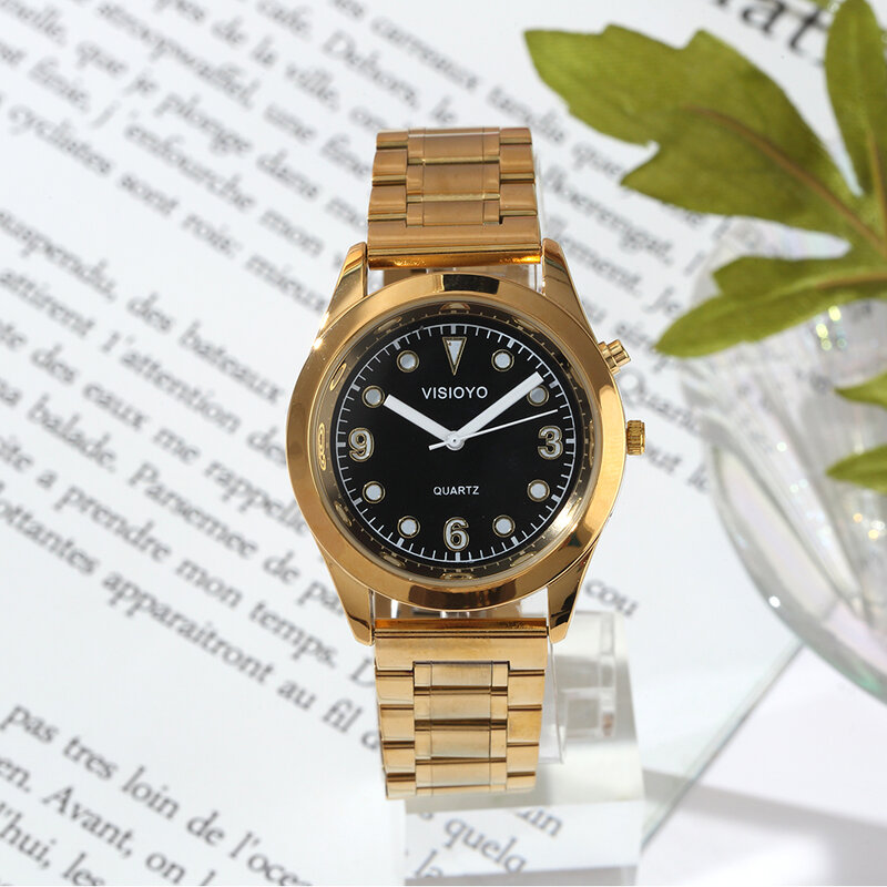 Relógio de conversa francesa com função de alarme, data e tempo de conversa, mostrador preto, fecho dobrável, etiqueta dourada-701