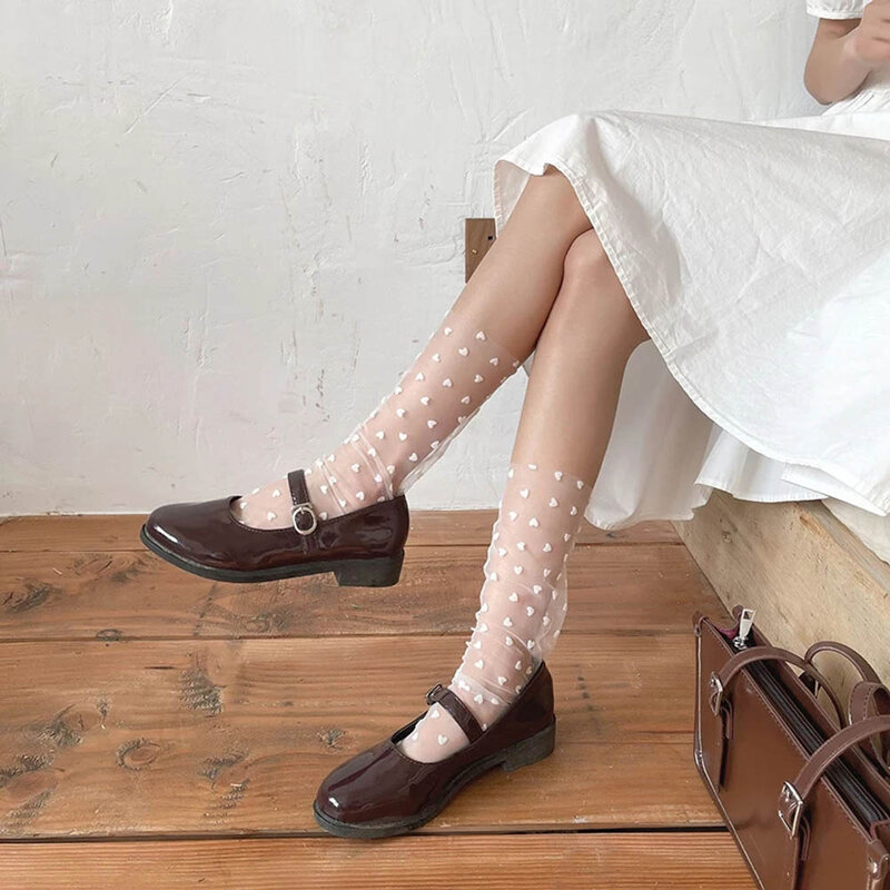 Coração meias de tule feminino longo transparente dot meias joelho multra-fino meias femininas chffion meia vestido de verão