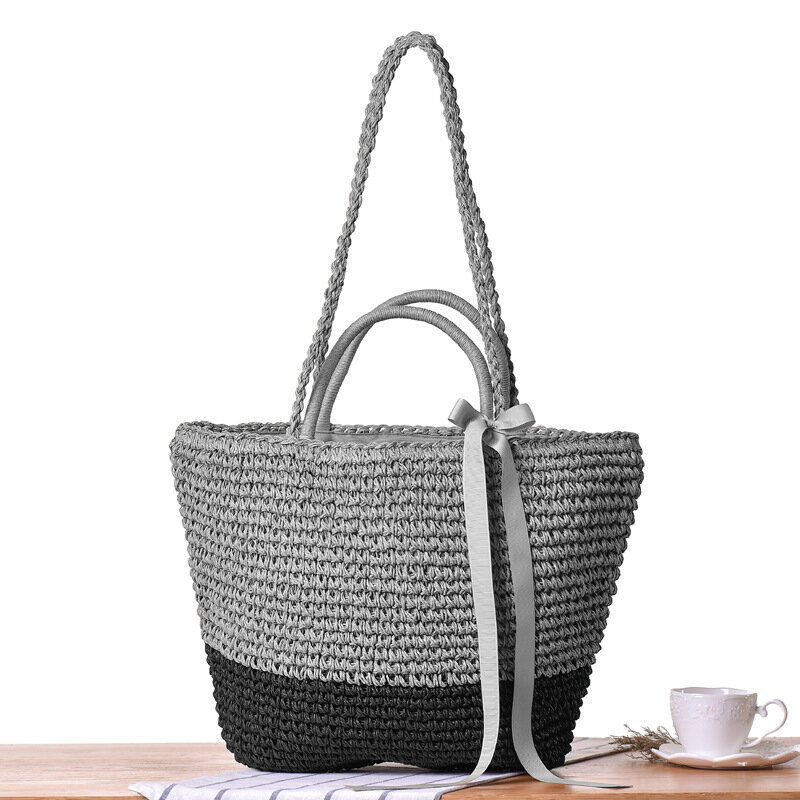 32x22 см богемная сумка на одно плечо с бантом, двойная соломенная сумка, пляжная сумка для отдыха на море, тканая сумка a7166