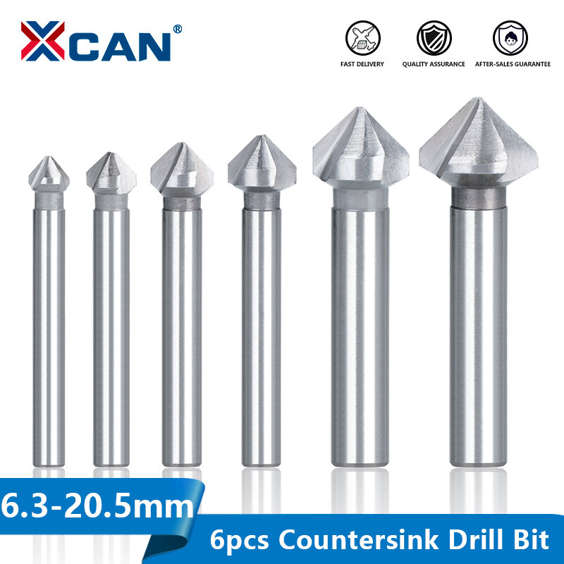 XCAN Drill Bit 3 Flute Chamfer Countersink Drill Bit 6Pcs 6.3-20.5Mm 90 Derajat HSS Chamfering Cutter Bor Lubang Logam Kayu