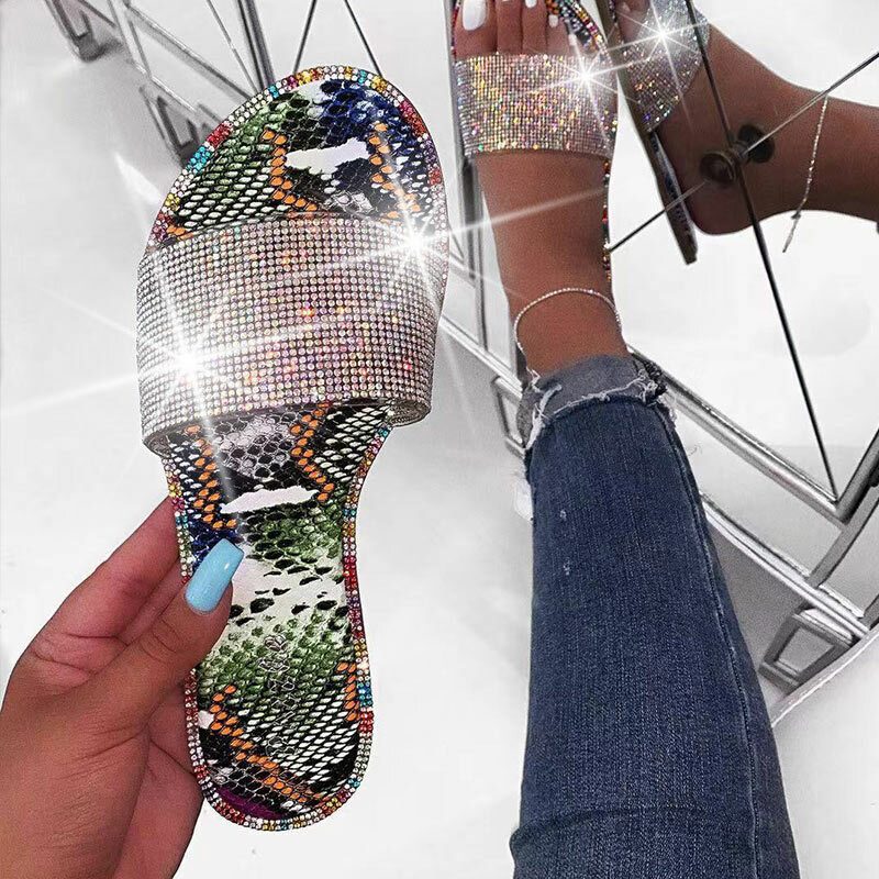 Zapatillas con purpurina para mujer, Sandalias planas con diamantes de imitación, Color caramelo, para playa y exteriores, 2021