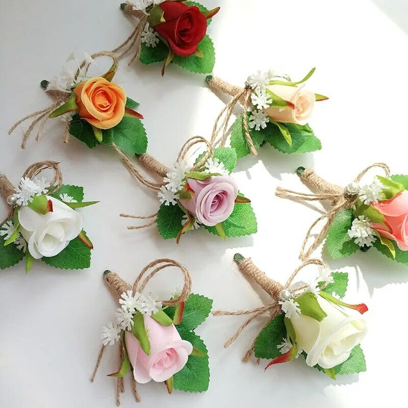 Boutonniere Pin de ramillete de boda, broche de novio, flores artificiales, flor de seda para dama de honor, decoración de graduación, accesorios de traje para hombres