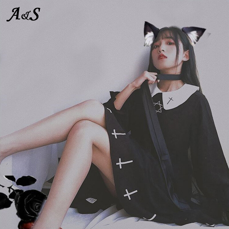 Gothic Lolita Harajuku แฟชั่น Cross คอสเพลย์ชุดสุภาพสตรีนุ่มแบบญี่ปุ่นสไตล์น้องสาวดาว Tulle ชุดสาวน่ารัก Streetwear