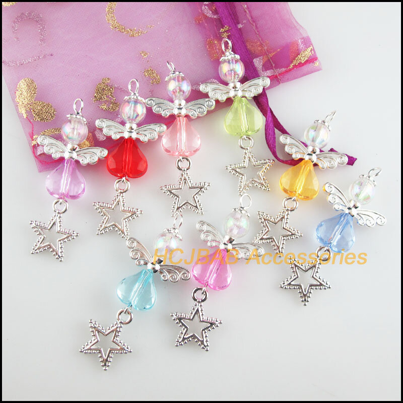 8 New Angel Charms Silver Plated Mixed Acrylic Heart Star Pendants 21.5x48mm
