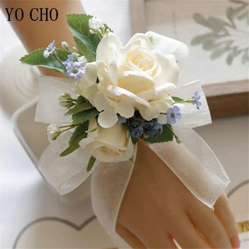 Ramillete de muñeca de marfil para dama de honor, pulsera de rosas de seda Artificial hecha a mano, flores para boda, decoración de fiesta de baile