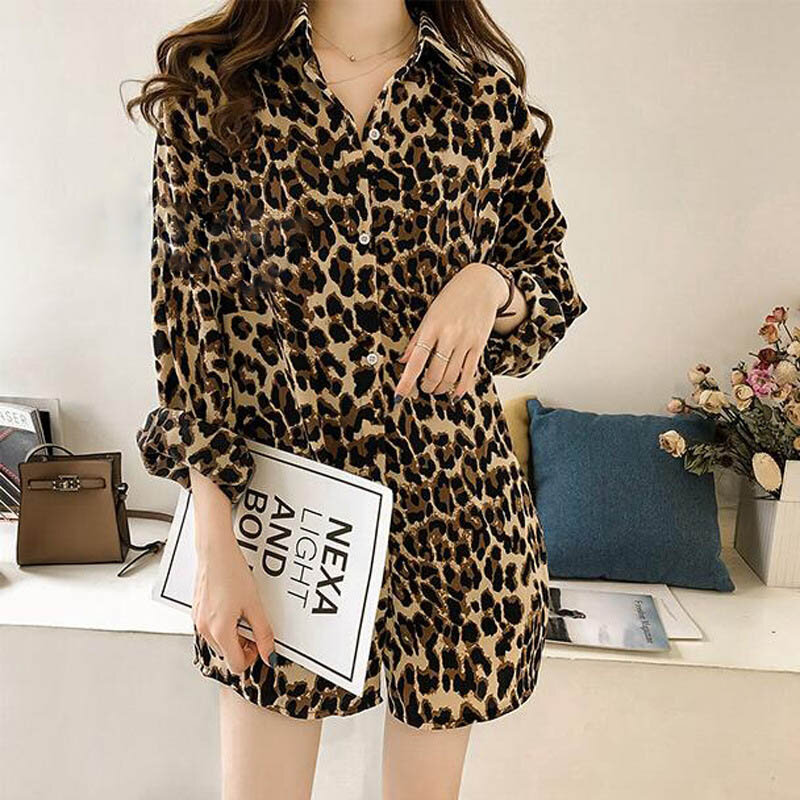 Blusa holgada de leopardo para mujer, camisa elegante de manga larga con cuello en V, ropa de calle femenina