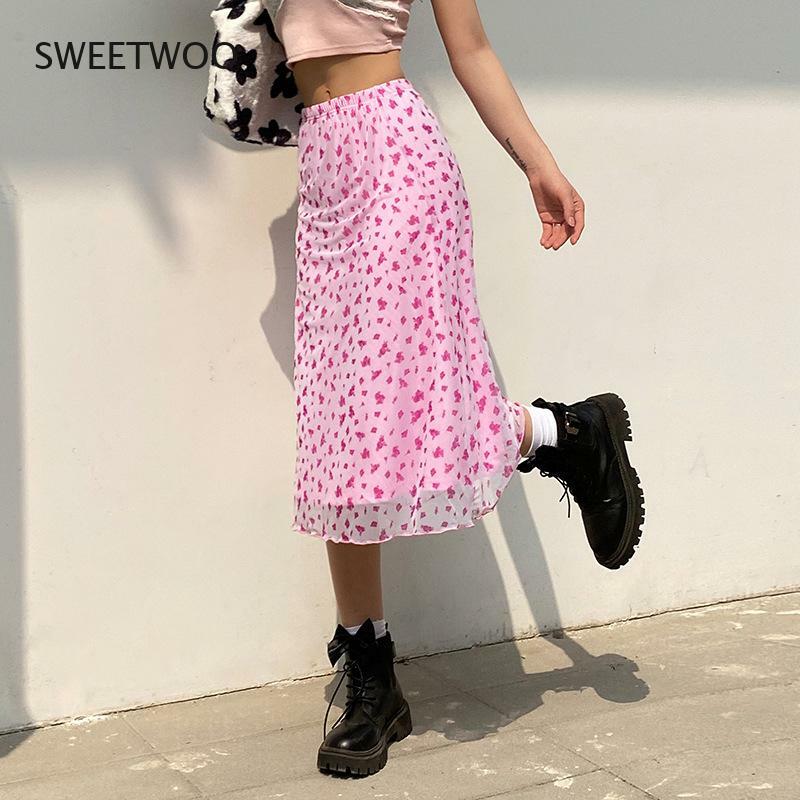 ดอกไม้พิมพ์ตาข่าย Y2K กระโปรงยาวผู้หญิง Kawaii สีชมพูสูงเอวกระโปรงฤดูร้อน Harajuku 90S Aesthetic ชุด Streetwear