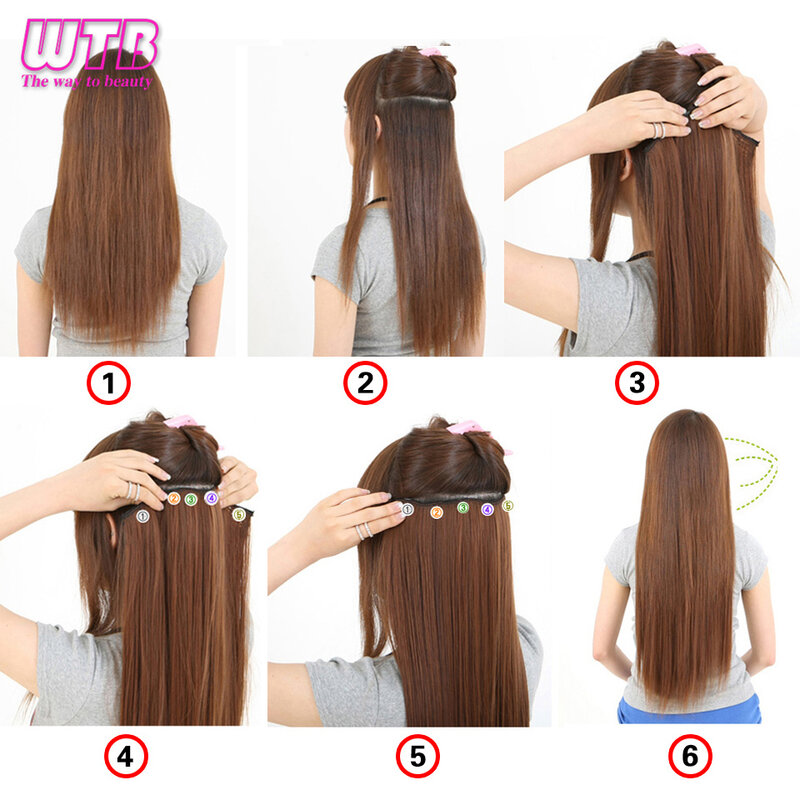 WTB – Extension de cheveux synthétiques à 5 clips, postiche longue lisse noire résistante à la chaleur, faux cheveux naturels pour femmes, taille 5, 100cm