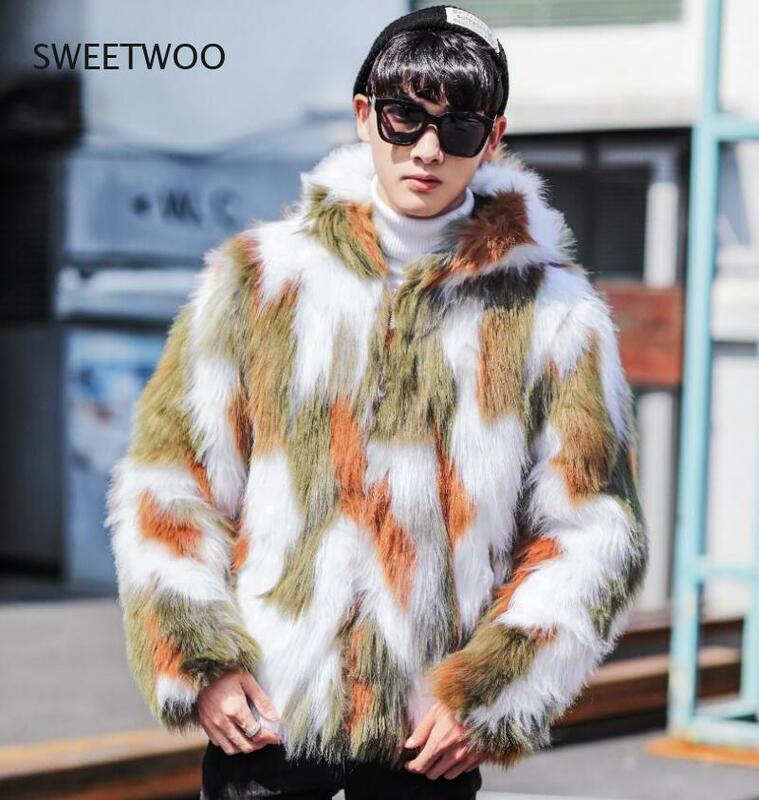 Winter Male Fur Overcoat Mens Fur Coats with Hood Furparka Oversized Men Fur Overcoat Warm Faux Fur Jacket Men