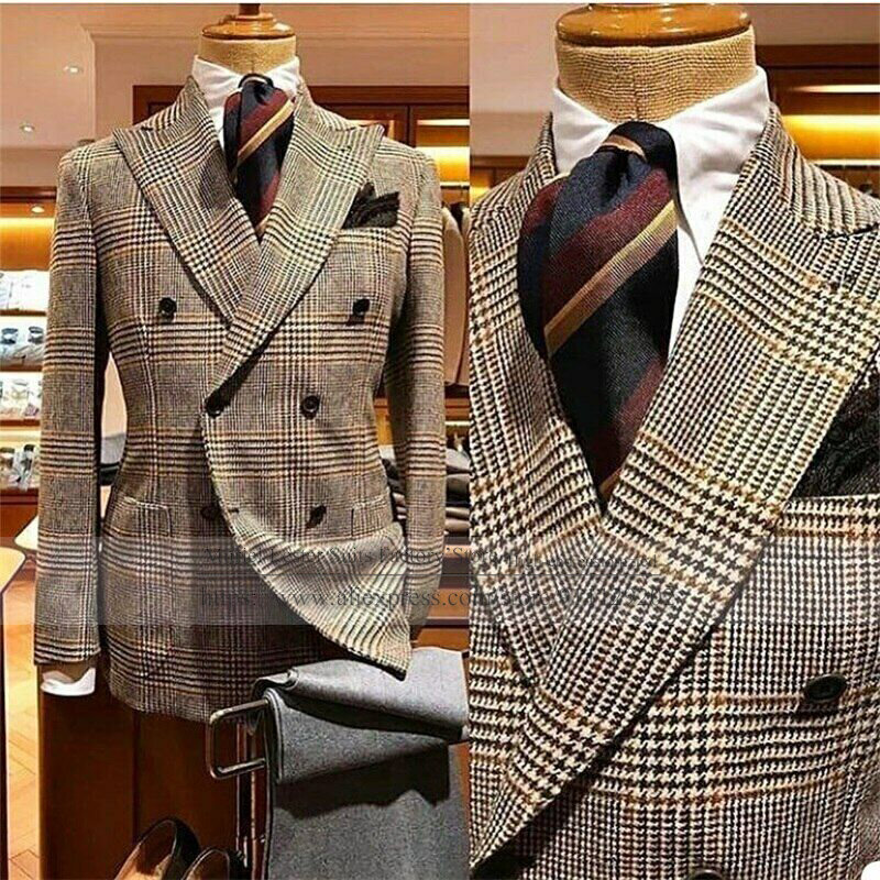 Ternos de lã Houndstooth masculino de Tweed, jaqueta de lapela larga, casaco trespassado, blazer de negócios, vestidos de casamento, 2 peças