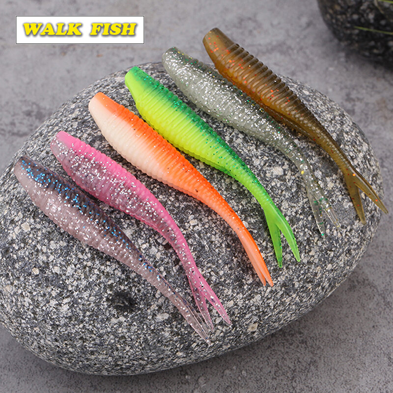 Walk Fish-señuelo de pesca Artificial, cebo suave de doble cola, 70mm/1,8g, 6 unidades, 064