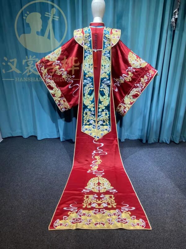 중국어 번체 웨딩 Hanfu 긴 꼬리 섬세한 자수 신부 신랑 빨간 의상 결혼 스탠드 칼라 커플 의상