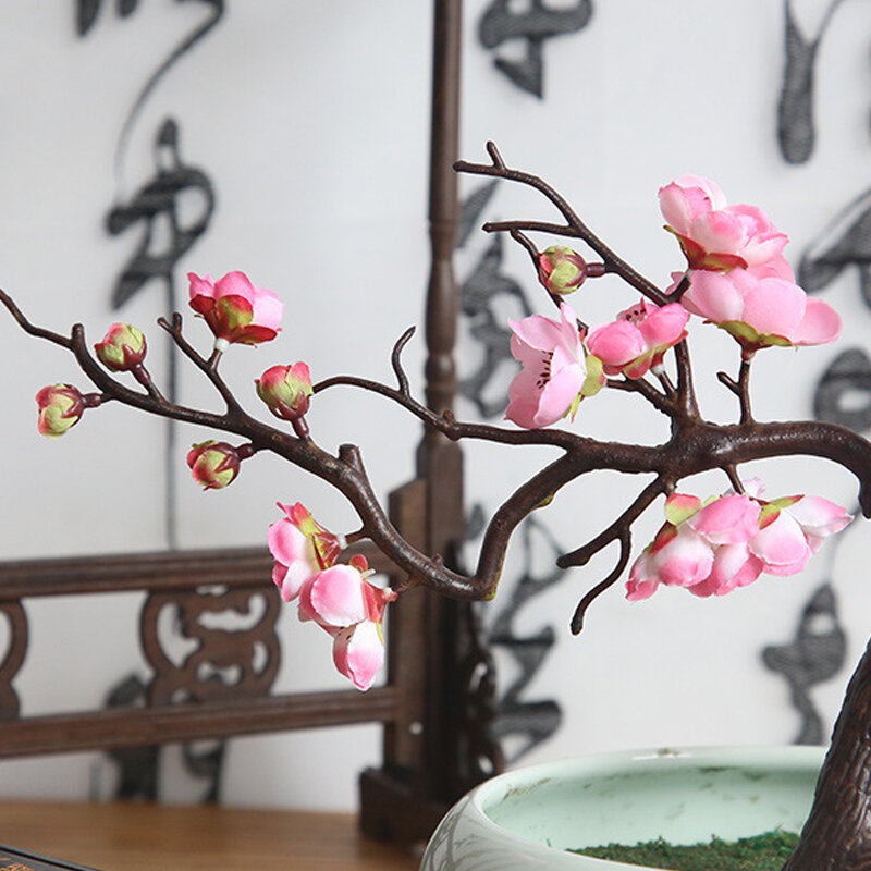 Cherry Red Plum Blossom Silk Artificial Flowers Plastic Branch for Home Wedding DIY Decoration Foam Christmas Berry Fake Flowers